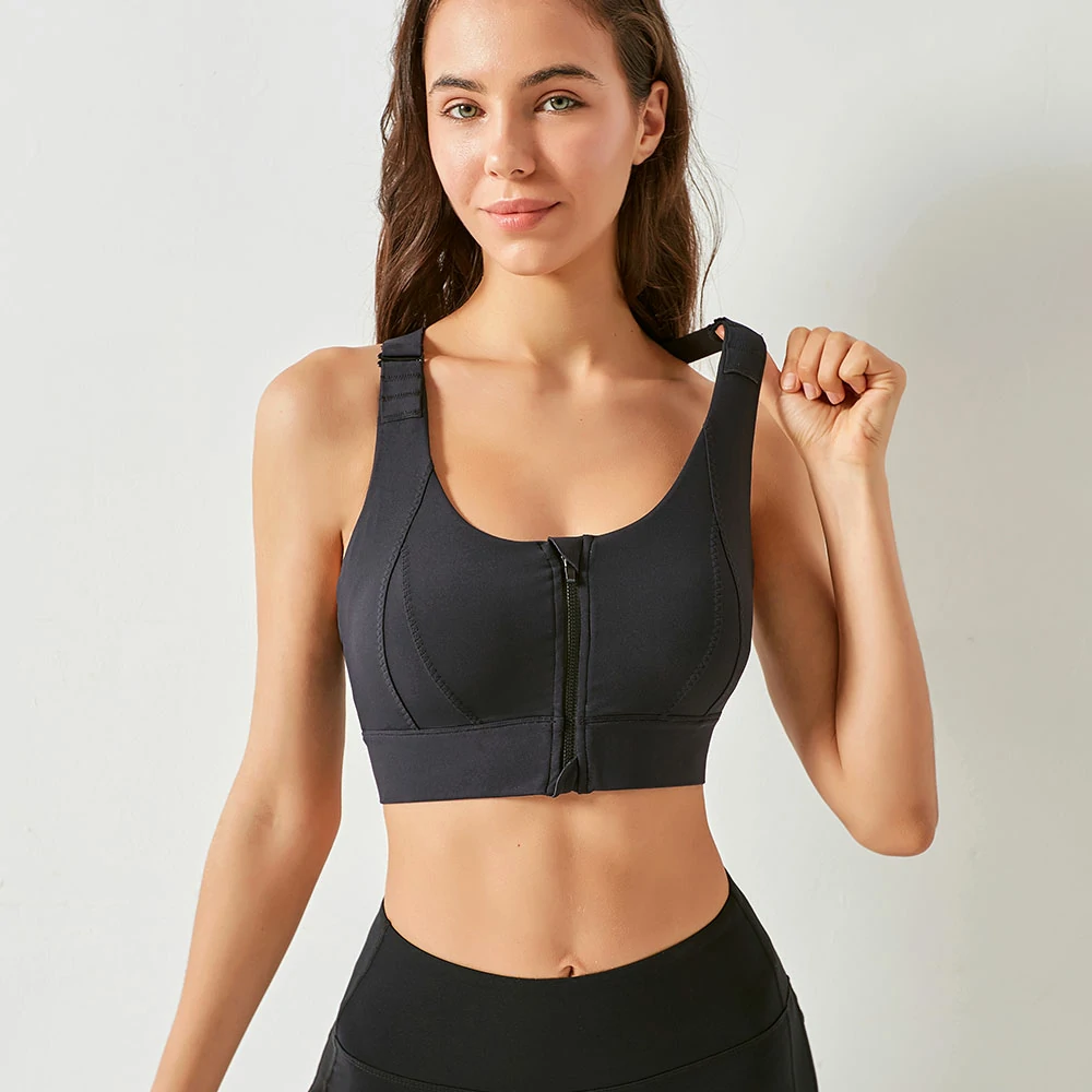 Hergymclothing Black zip front adjustable strap sports bra for sale
