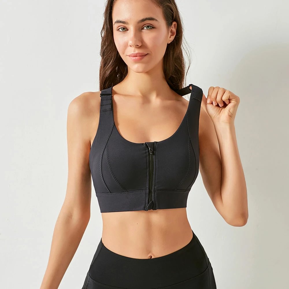 Hergymclothing Black zip front adjustable strap sports bra for sale
