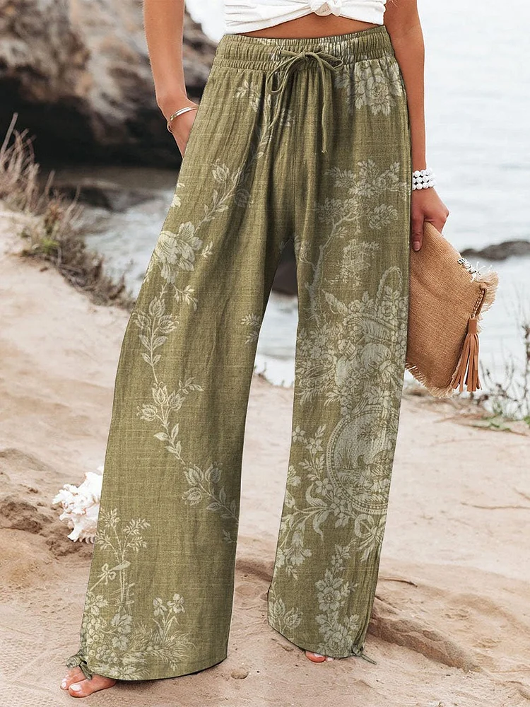 Women's Vintage Floral Art Printed Cotton And Linen Casual Pants