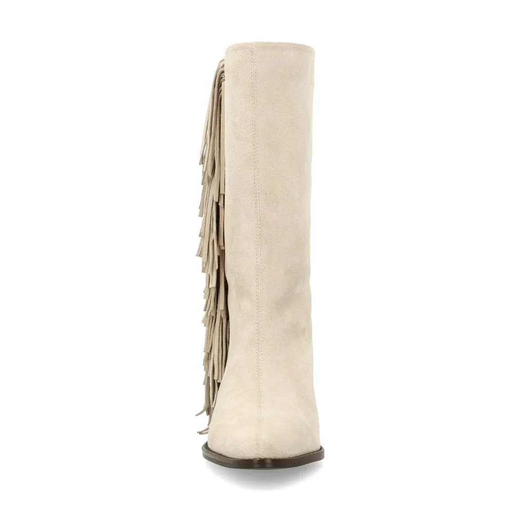 Fashion Beige Pointed Toe Chunky Heel Fringe Cowboy Boots for Women