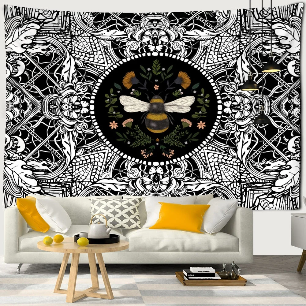 Plants Honeybee Tapestry Wall Hanging Bohemian Beach Mat Polyester Blanket Yoga Mat Home Bedroom Art Decor Custom Psychedelic