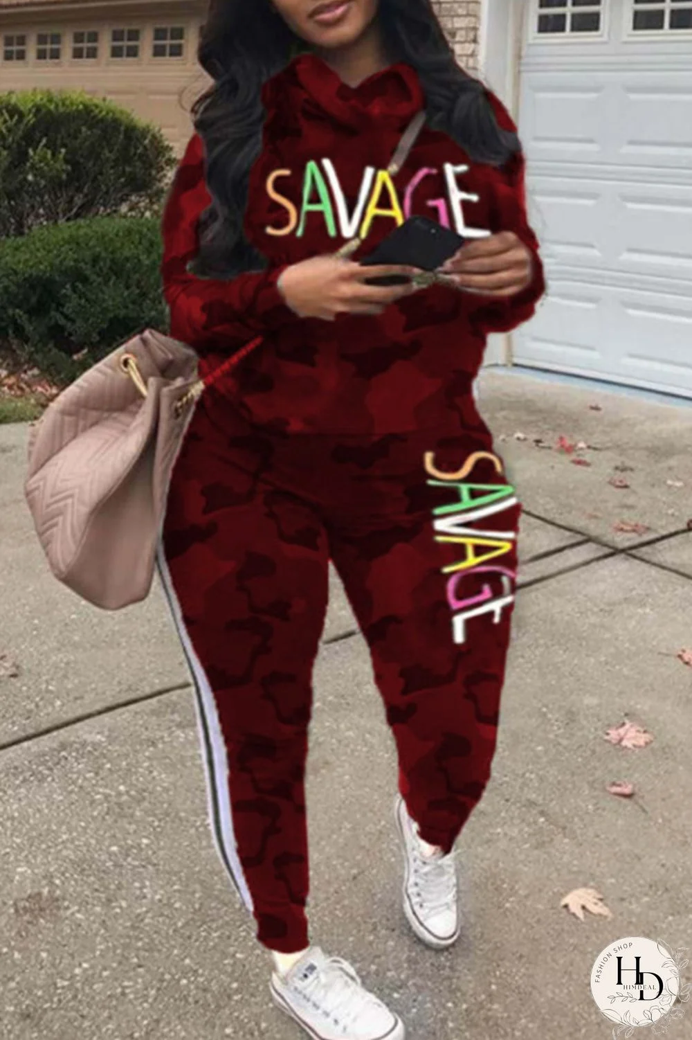 Camouflage Fashion Casual Letter Camouflage Print Basic Hooded Collar Plus Size Two Pieces