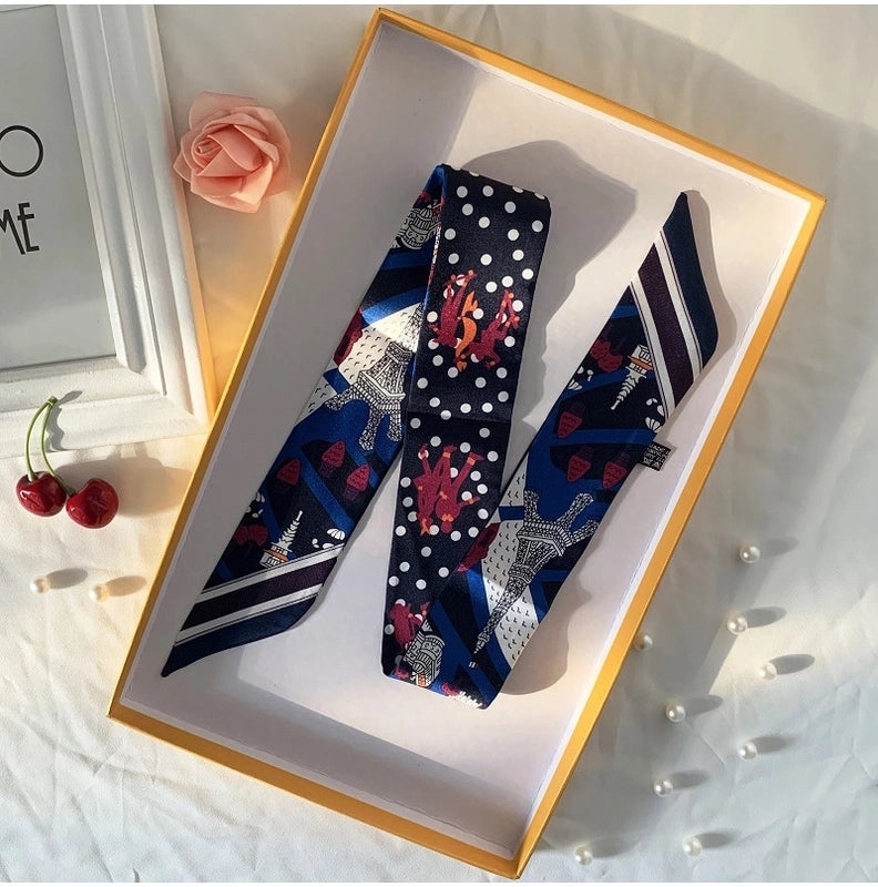 Women’s Minimalist Classic Style Color Block Satin Printing Silk Scarf