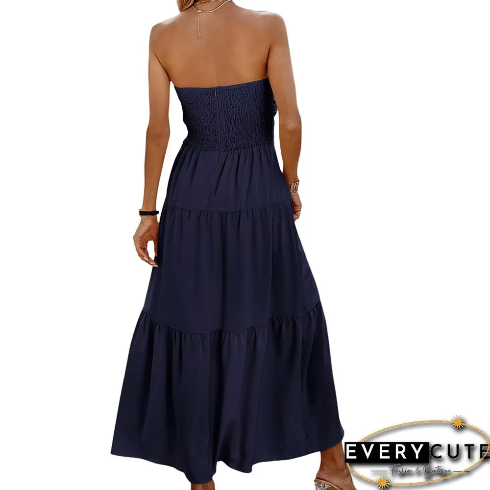 Navy Blue Twisted Bandeau Ruched Swing Maxi Dress