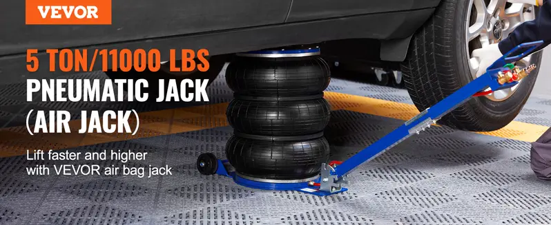 Product Introduction of VEVOR Air Jack with Adjustable Handle. Max 5 Ton/11000 lbs Triple Bag Air Jack. Airbag Jack with Six Steel Pipes. Lift up to 18.5 inch/470 mm. 3-5 s Fast Lifting Pneumatic Jack for Car. Garage. Repair VEVOR Super Brand Day 0