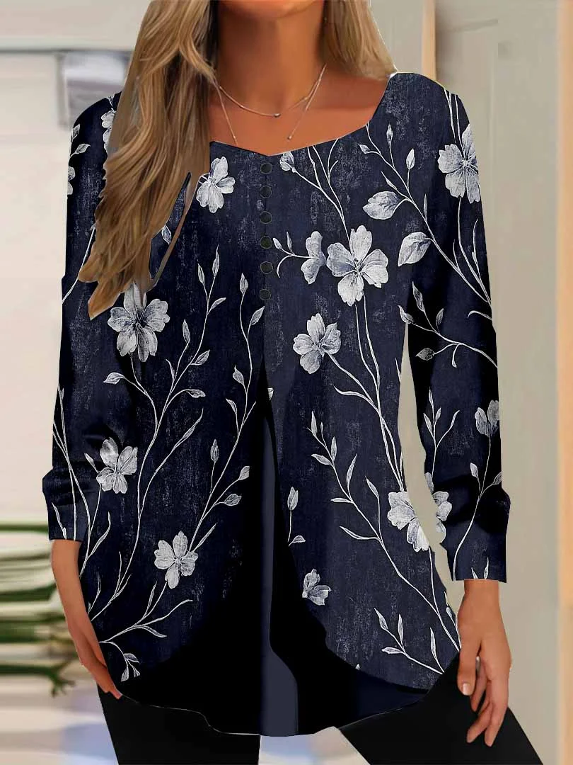 Women Floral,Blue DZGG8298 Long Sleeve Scoop Neck Printed Graphic Button Fake 2in1 Tops