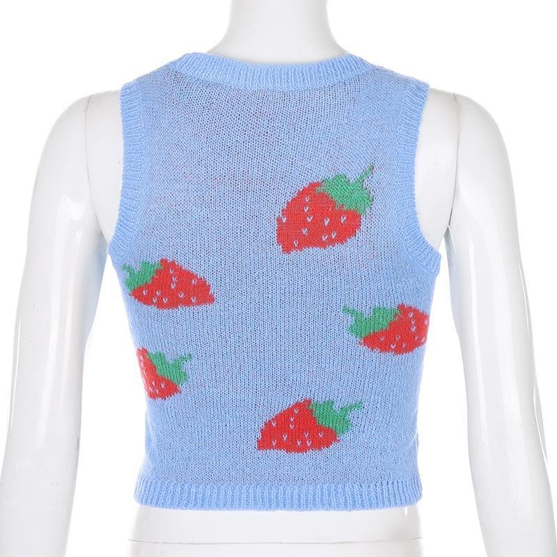 Embroidered Strawberry Knit Vest Blue