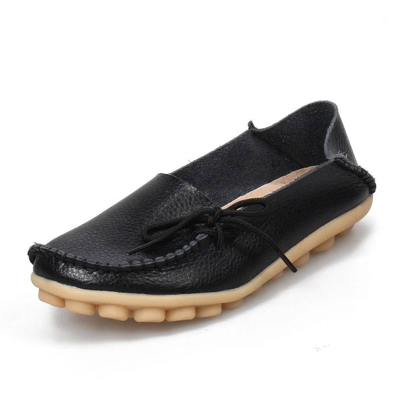 New Moccasins Women Flats  Autumn Woman Loafers Genuine Leather Female Shoes Slip On Ballet Bowtie Women's Shoes Big Size