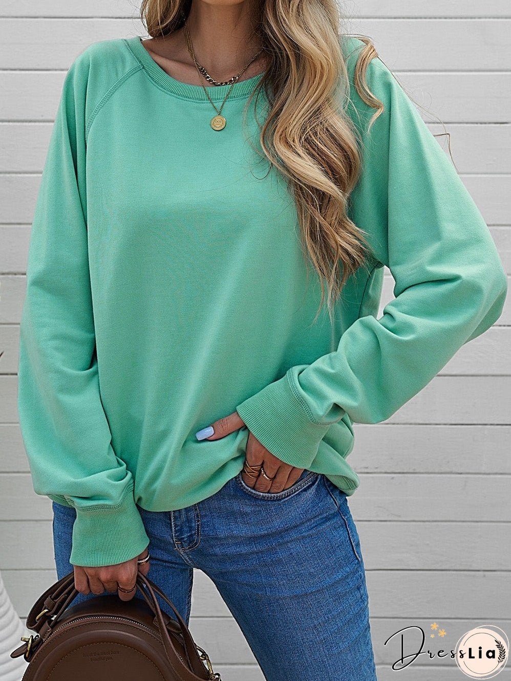 Green Crew Neck Long Sleeve Sweatshirt with Distressed Detail