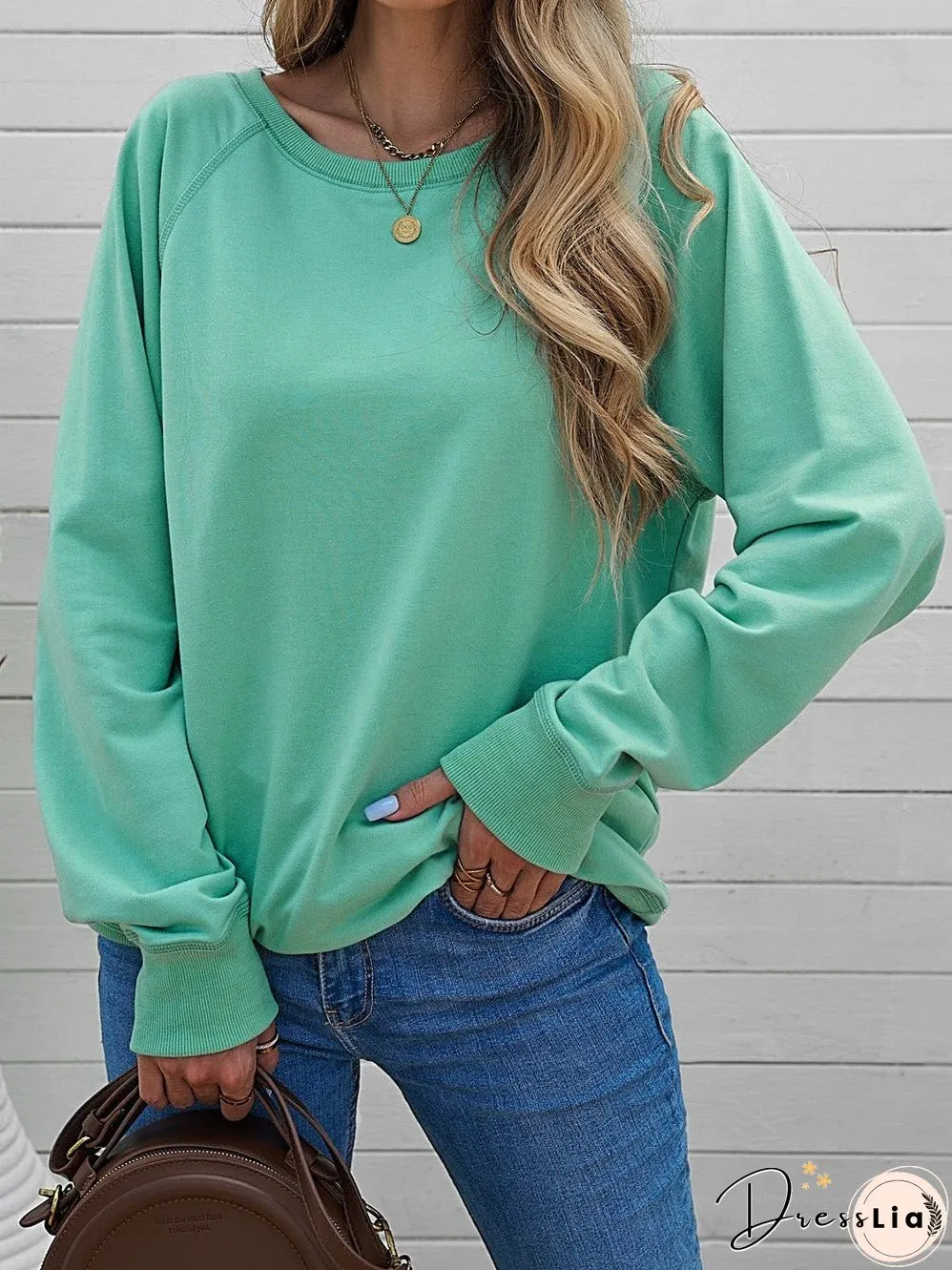 Green Crew Neck Long Sleeve Sweatshirt with Distressed Detail
