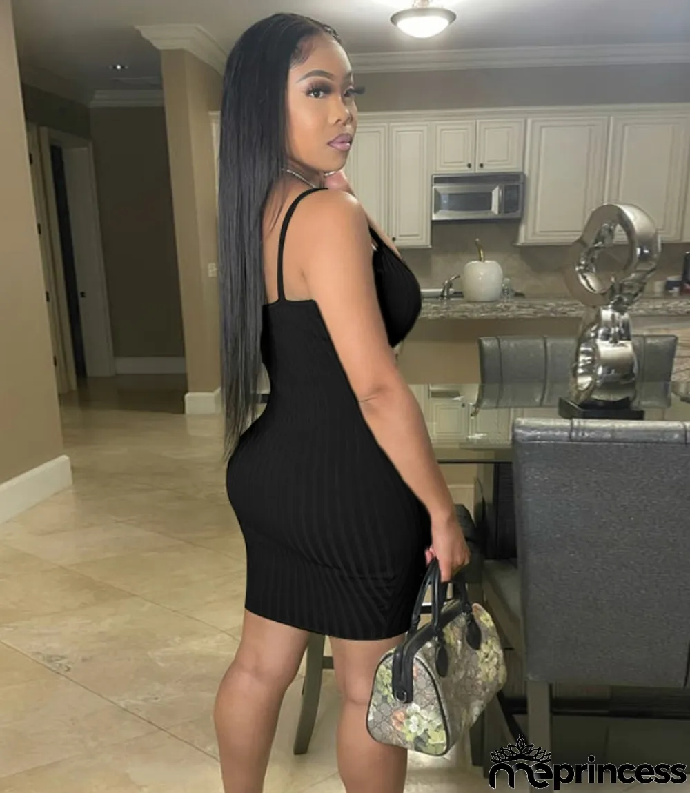 Summer Black Sexy Ribbed Strap Mini Dress