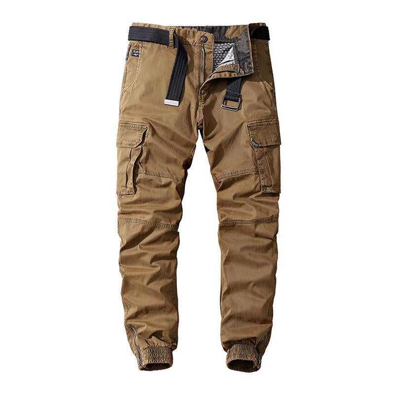 Men's Casual Solid Color Cotton Multi-Pocket Beamed Pants (Belt Excluded)