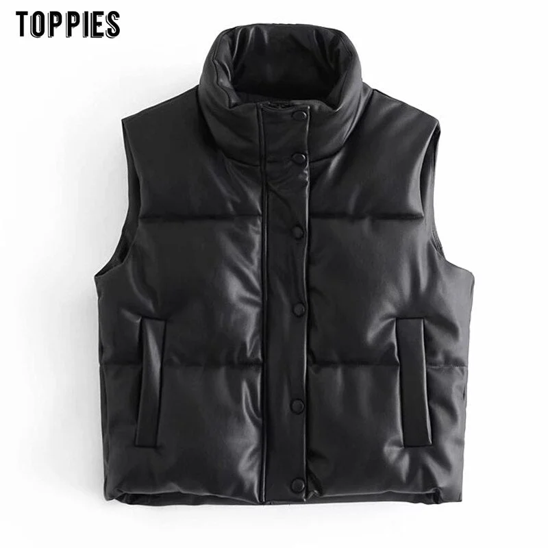 Toppies Black Pu Leather Vest Woman Jacket Coat Autumn Winter Outwear Puffer Vest Female