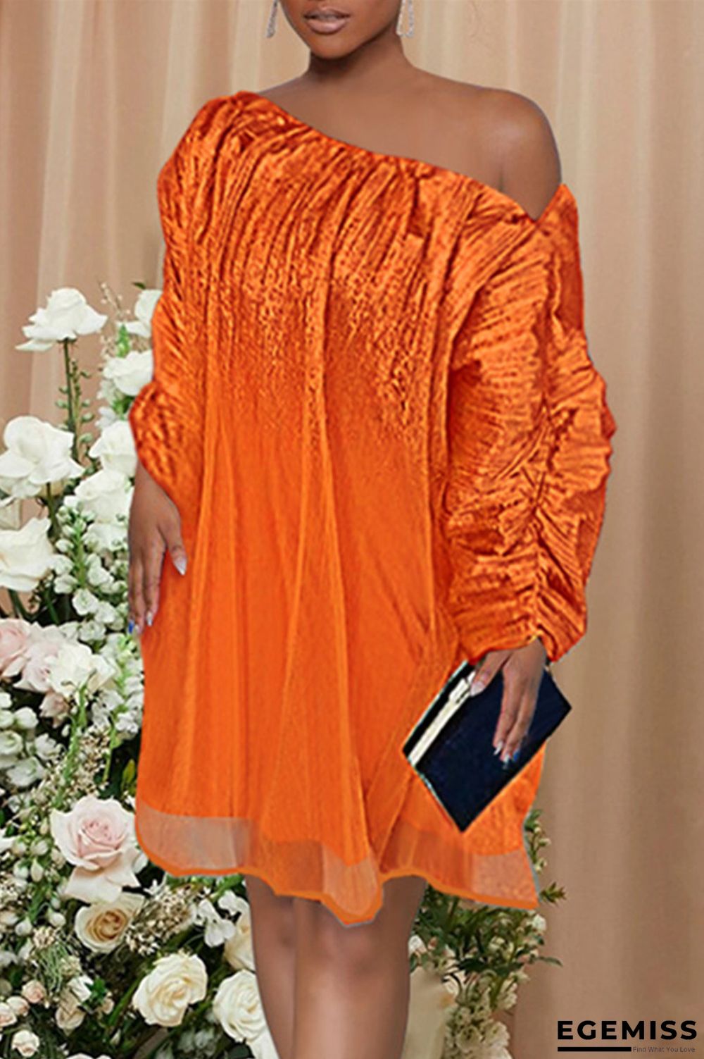 Orange Fashion Casual Solid Patchwork Fold Oblique Collar Long Sleeve Dresses | EGEMISS