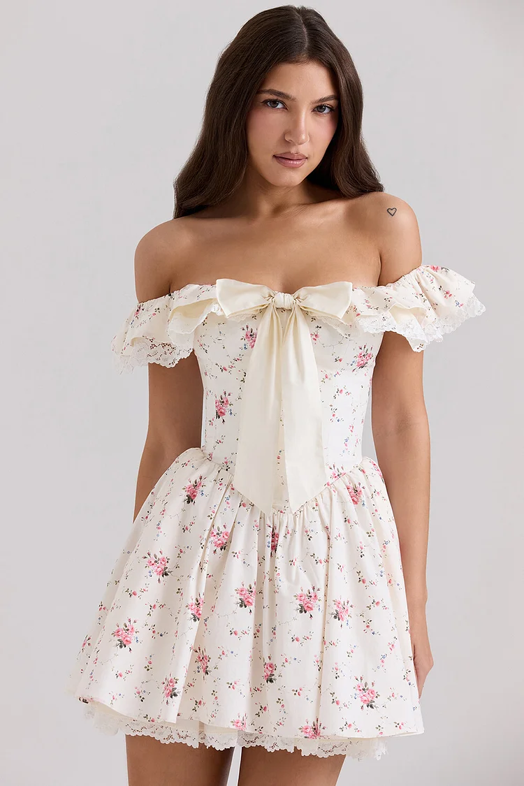 Bow Decor Off Shoulder Cinch Waist Floral Print Mini Dresses-Ivory [Pre Order]