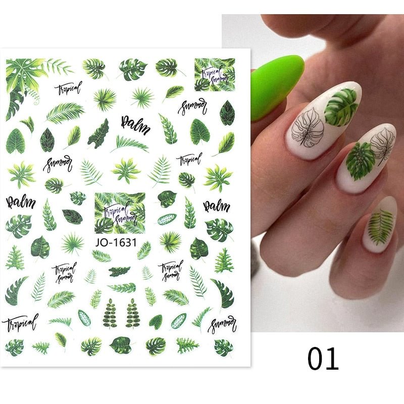 1PC Spring Palm Flowers Leaves 3D Nail Stickers Self-Adhesive Slider Nail Art Decorations Geometry Decals Manicure Accessories