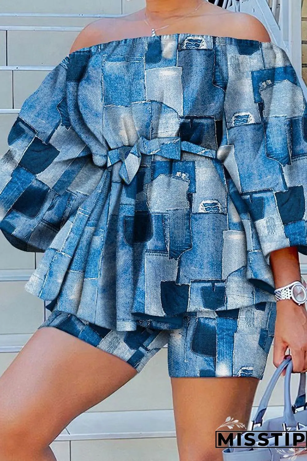 Green Yellow Casual Print Patchwork Off the Shoulder Long Sleeve Two Pieces