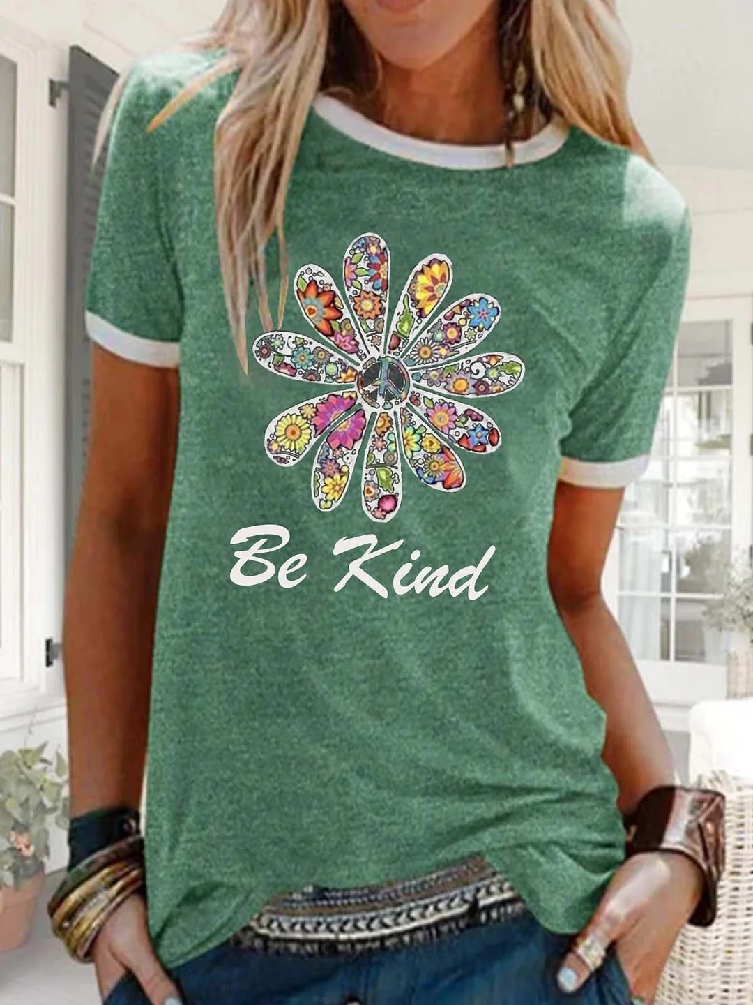 Floral  Short Sleeve  Printed  Cotton-blend  Crew Neck  Casual  Summer  Green Top