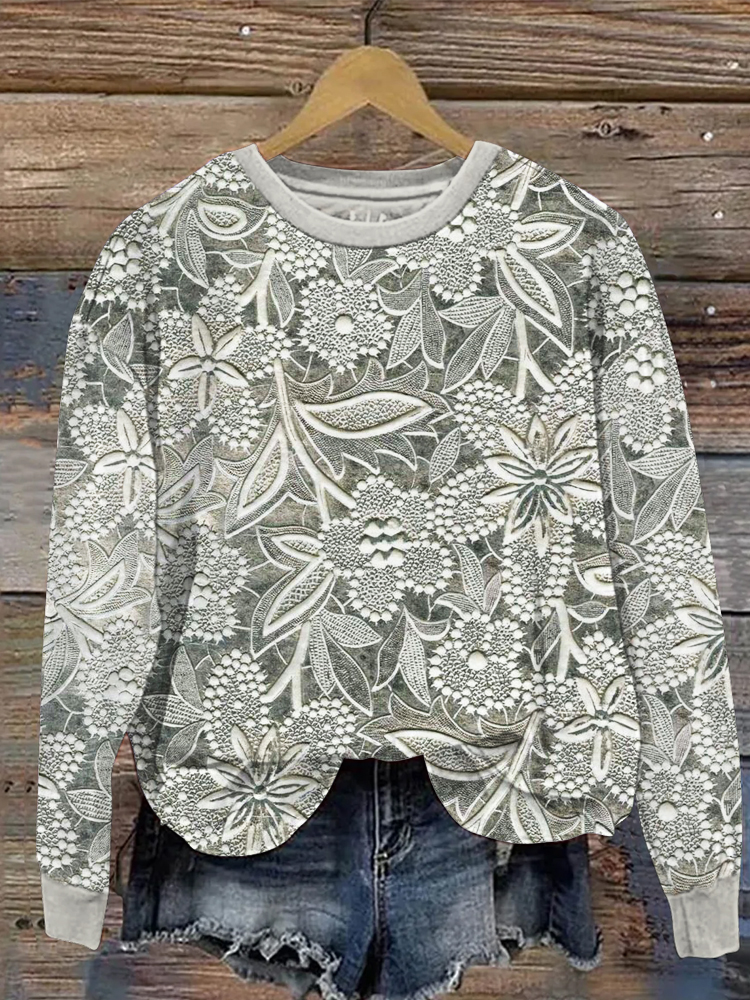 Comstylish Lace Embroidery Floral Pattern Women's Casual Sweatshirt