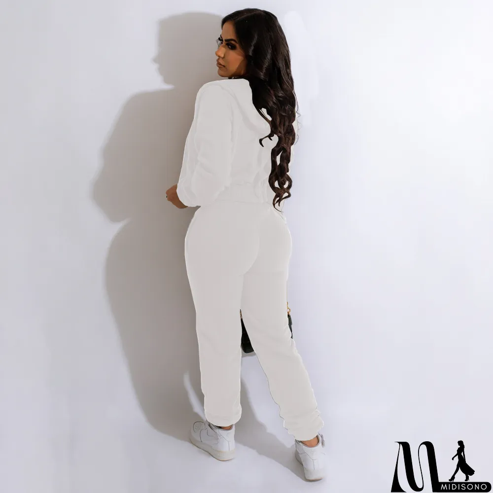 MidiSono - Plush Solid Tank Tops+Hooed Zipper Coat+Pants Sports Three Piece Set