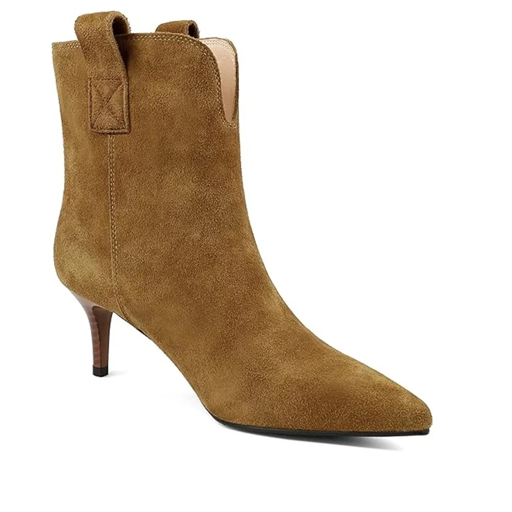 2.36'' Women's Ankle Boots Closed Pointed Toe Kitten Stilettos Suede Booties-MERUMOTE