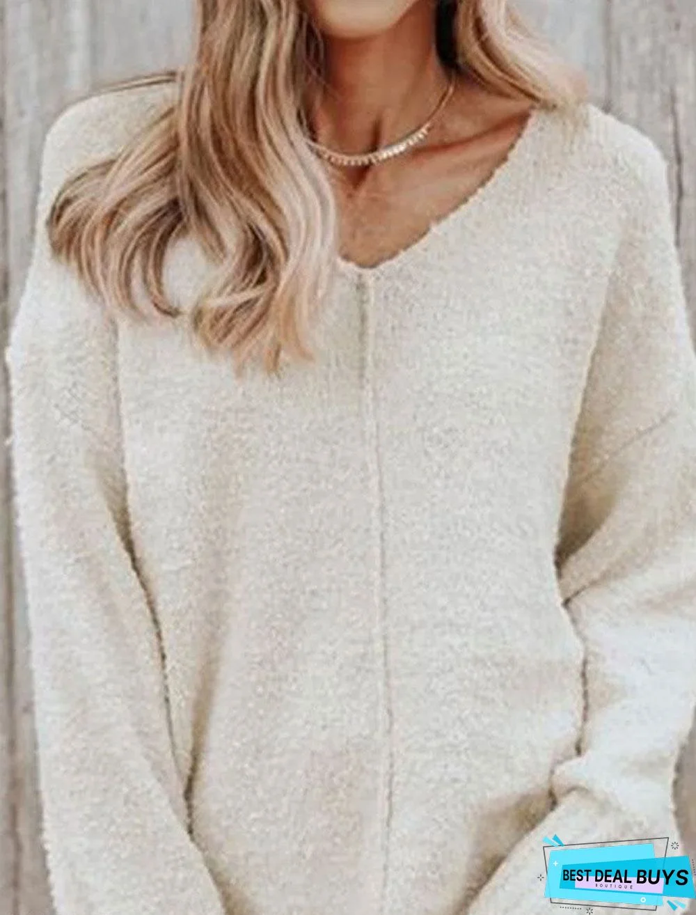 V-neck Casual Loose Solid Color Sweater Pullover