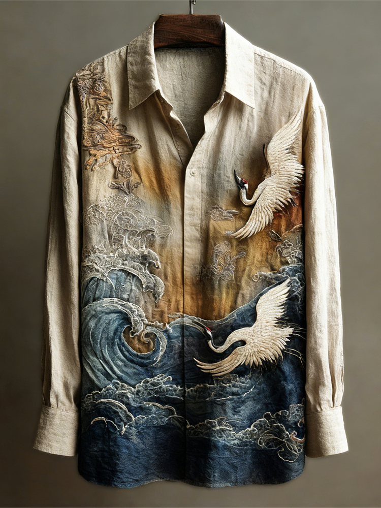 Vintage Japanese Ocean & Crane Men's Linen Long Sleeve Shirt  artssus