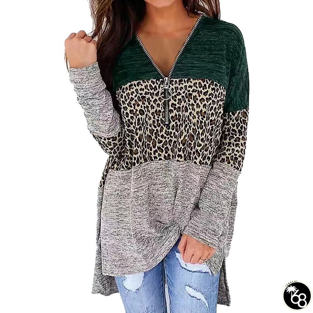 Women's V-neck Zipper Leopard Print Long Sleeve Blouses | 168DEAL