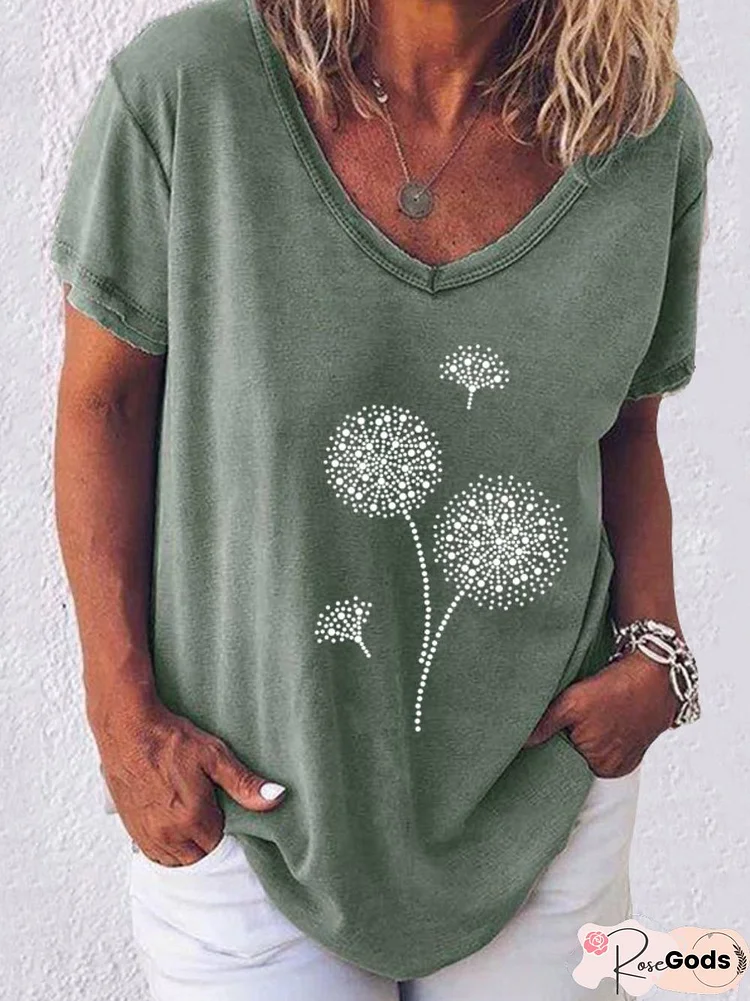 Floral Cotton-Blend Casual V Neck Top