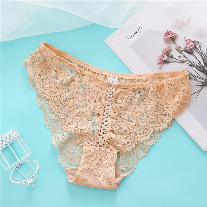 Sexy Lace Panties Perspective Underwear Women Underpants Front Cross Design Soft Cotton Crotch Panties Lingerie for Female Panty