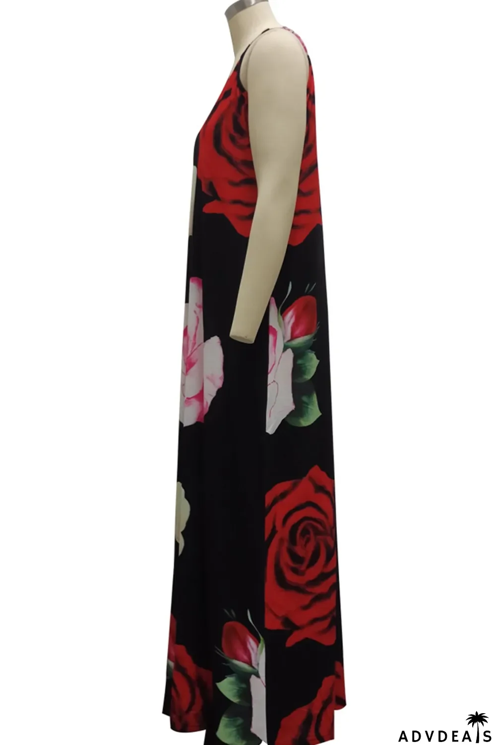 Black Sexy Print Split Joint Spaghetti Strap Straight Dresses