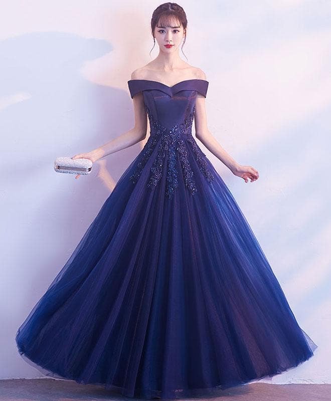 Dark Blue Off Shoulder Long Prom Dress, Blue Evening Dress SP16445