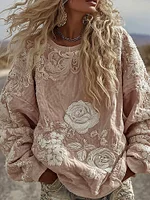 Women's Classic Romantic White Rose Embroidery Art Comfy Sweatshirt