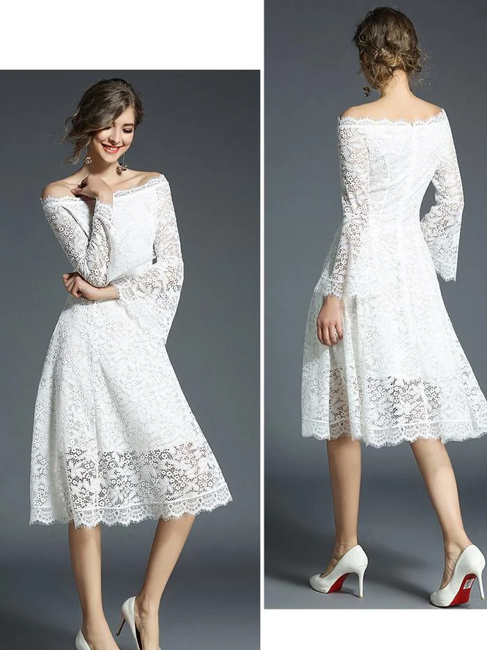 One-line collar, mid-sleeve, flared sleeve lace dress