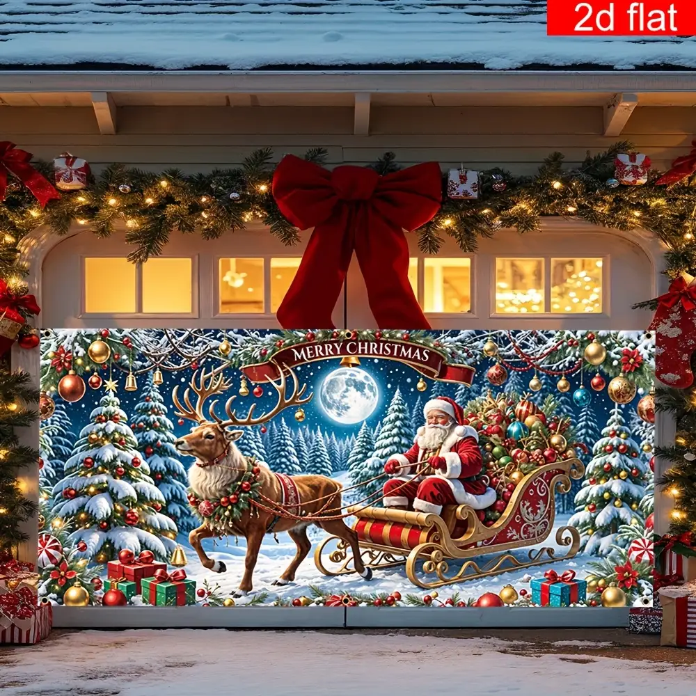 Tegooe Extra Large Christmas Garage Door Mural Banner - Santa Reindeer Sleigh Scene Backdrop for Holiday Outdoor Decoratio...