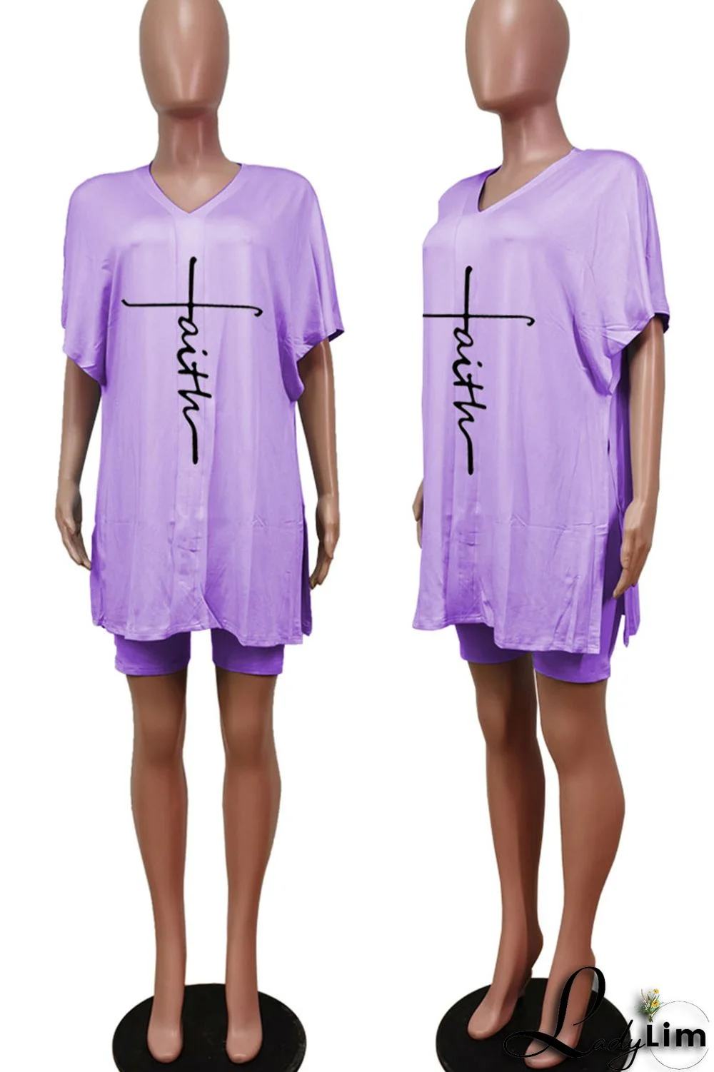 Tangerine Red Casual Print Split Joint V Neck Short Sleeve Two Pieces