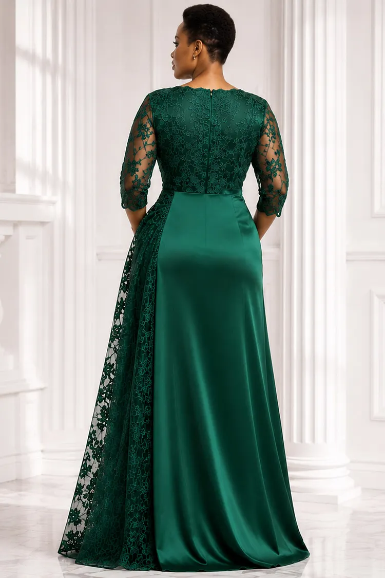 plus size emerald green lace dress Xpluswear Design Formal Satin V Neck 3/4 Sleeve Split Contrast Maxi Dresses [Pre-Order] plus size wedding emerald green dress