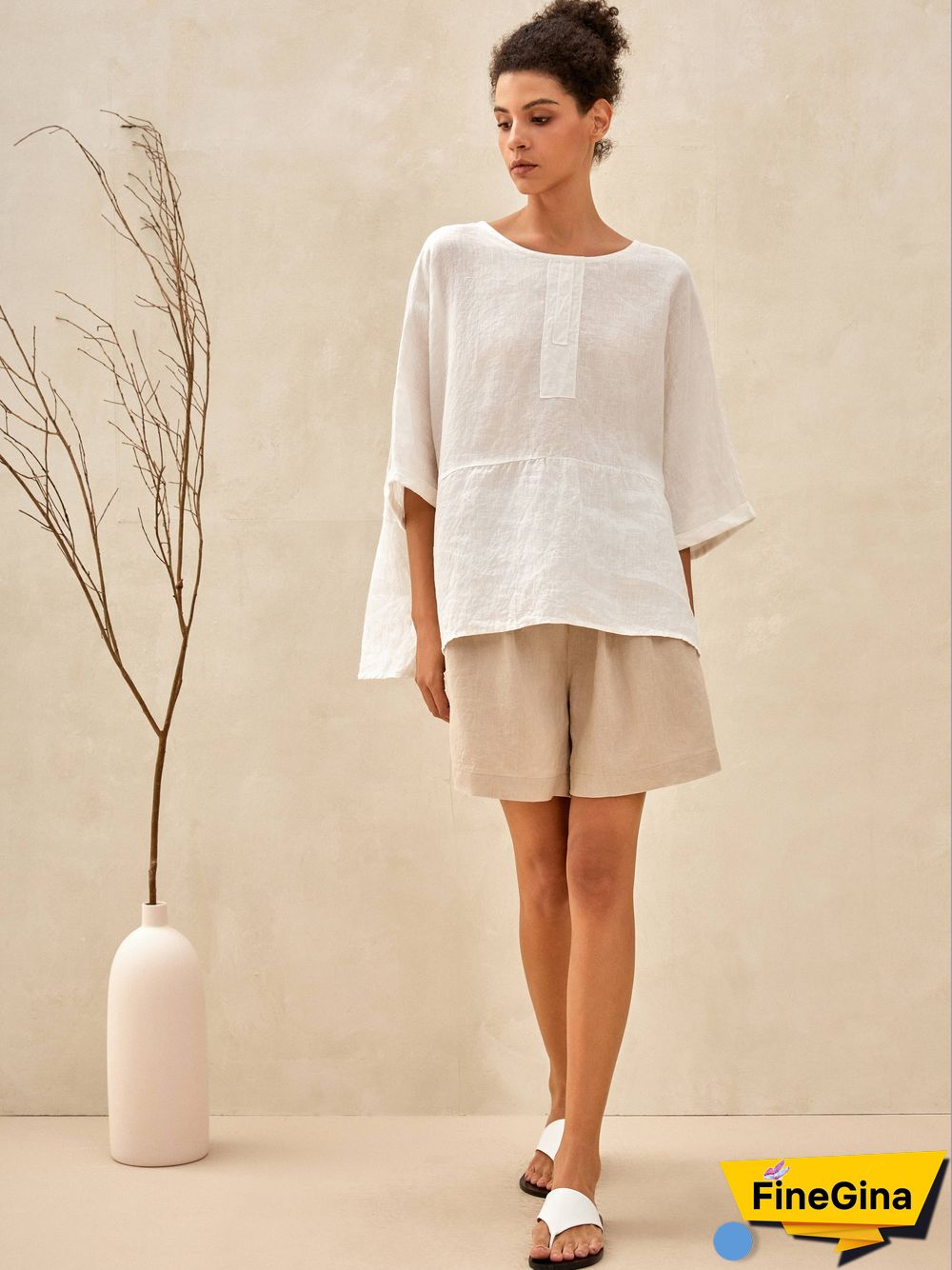 Robyn Linen Round Neck Mid-Sleeve Top