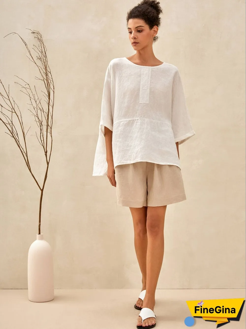 Robyn Linen Round Neck Mid-Sleeve Top