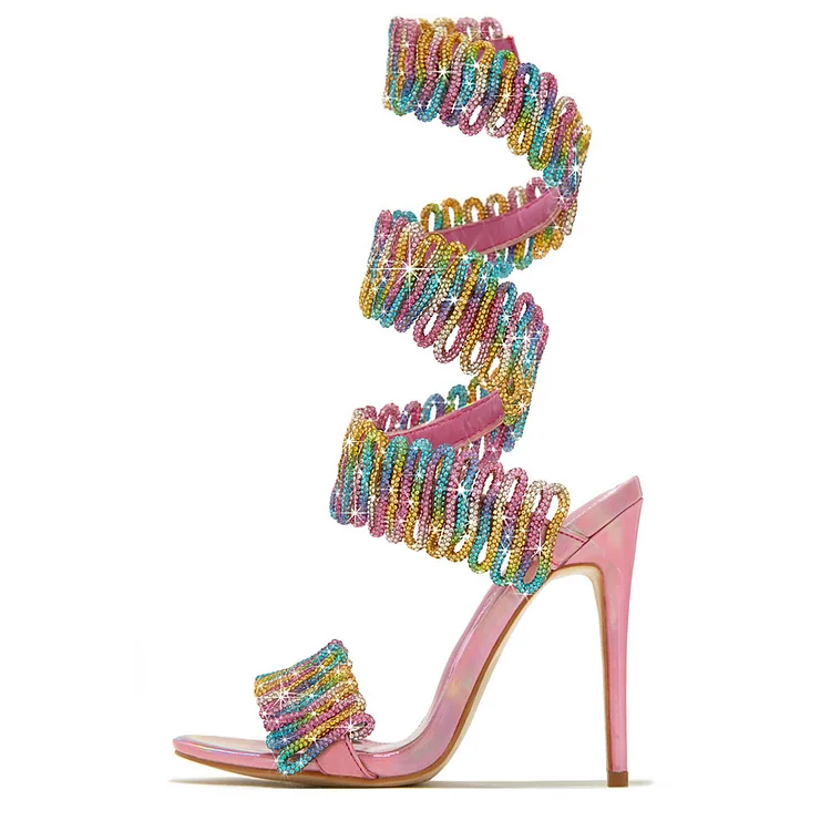 Pink Open-toe Strap Wrap Around Multicolor Rhinestone Heeled Sandals |FSJ Shoes
