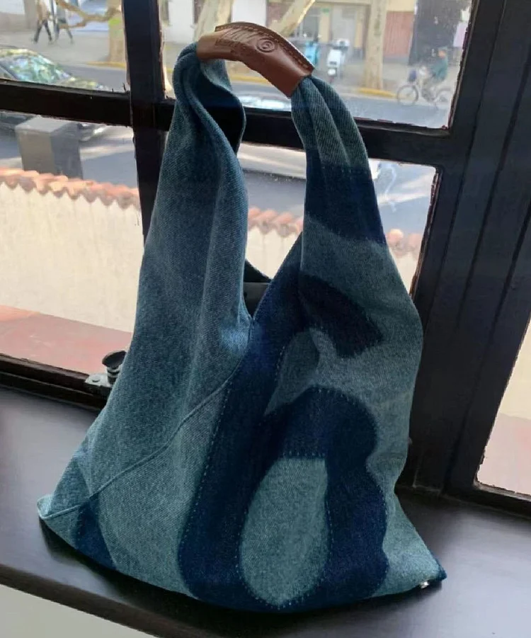 Retro Blue Letter Print Patchwork Denim Shopping Bag
