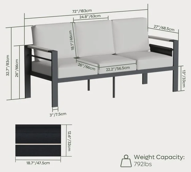 Bestier Outdoor Patio 3-Seat Aluminum Sofa Couch with Cushions,Heatproof Armrest,Grey