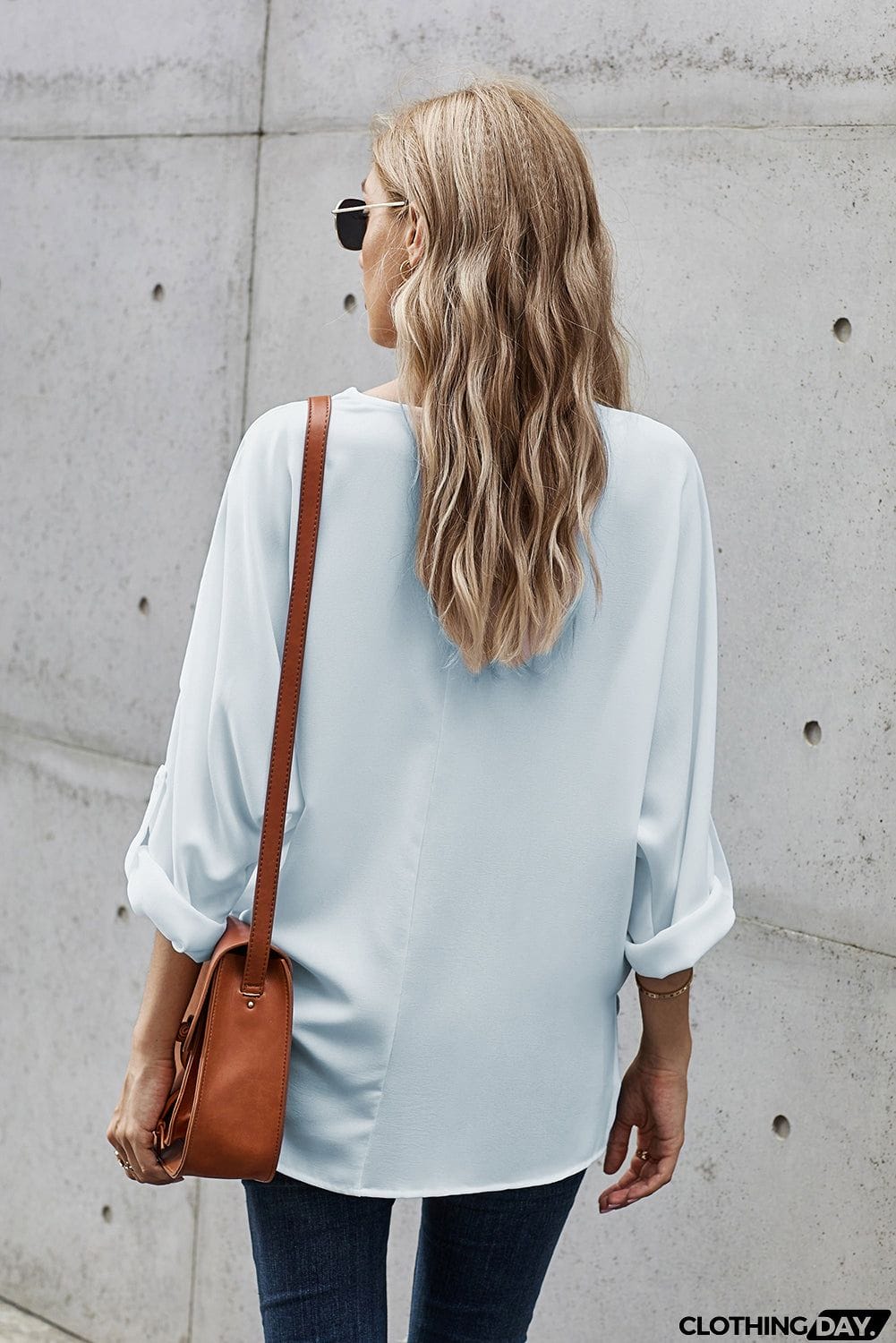 Elegant White V Neck 3/4 Sleeve High Low Hem Shirt