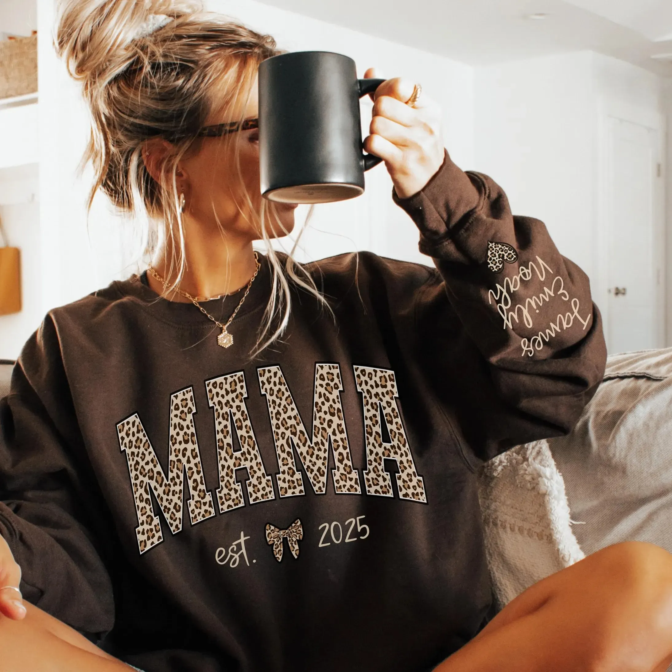 Custom Leopard Mama Sweatshirt With Kid Name On Sleeve-Gift For Mom & Grandma