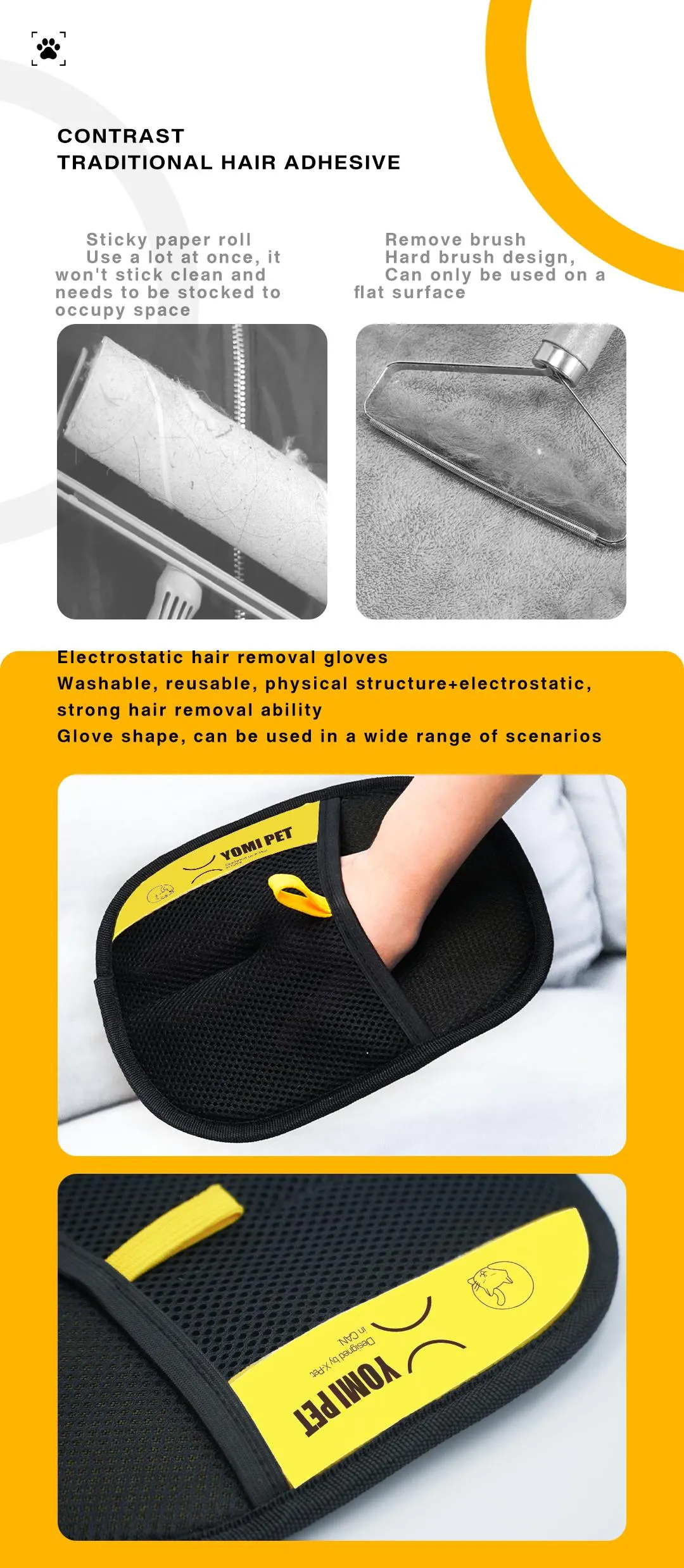 YOMI PET hair remover Electrostatic gloves Two-way brush sticky hair remover Cat hair dog hair glover Grooming   Removal   Cleaning