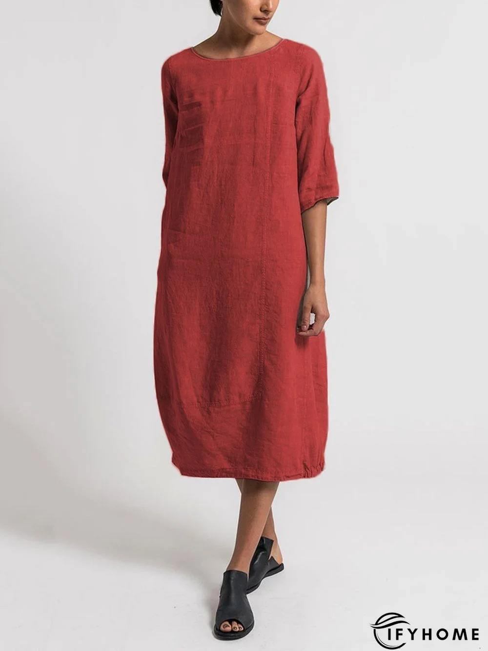 Crew Neck 3/4 Sleeve Casual Solid Casualdress | IFYHOME