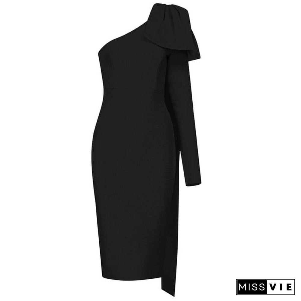 Summer New Women's Fashion Sexy One-shoulder Long-sleeved Bow Elegant Celebrity Bandage Dress Bodyon Midi Dress Vestidos