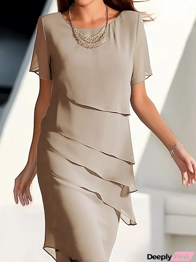 Women's Work Dress Sheath Dress Chiffon Dress Fashion Midi Dress Layered Crew Neck Short Sleeve Plain Loose Fit Blue
