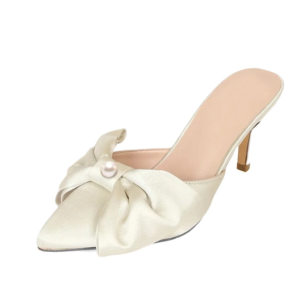 White Satin Pointed Toe 3'' Flared Heel Mules with Pearl Nicepairs