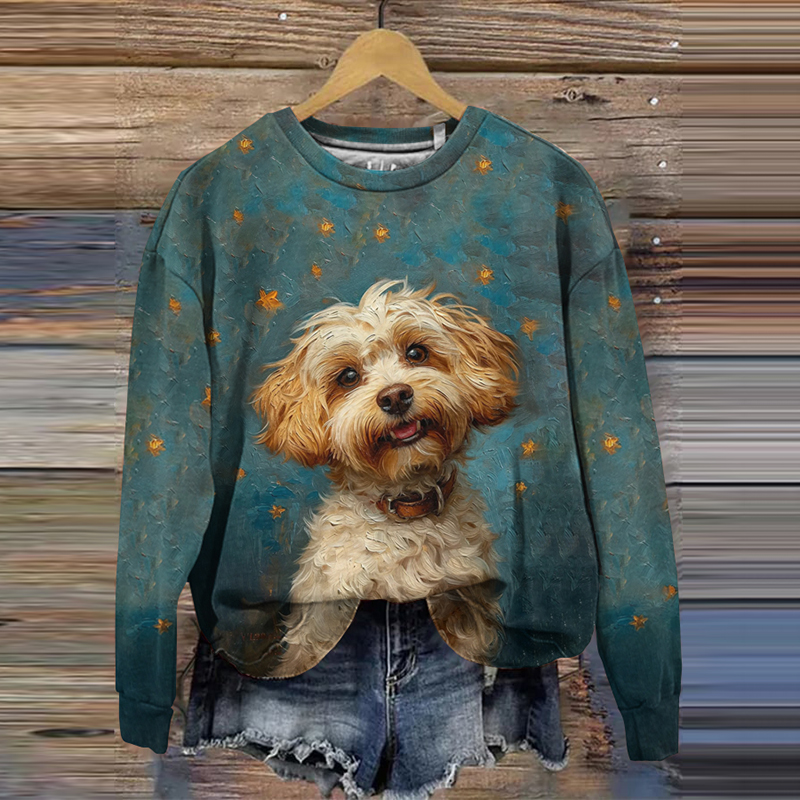 Comstylish Vintage Happy Dog Painting Art Long Sleeve Sweatshirt